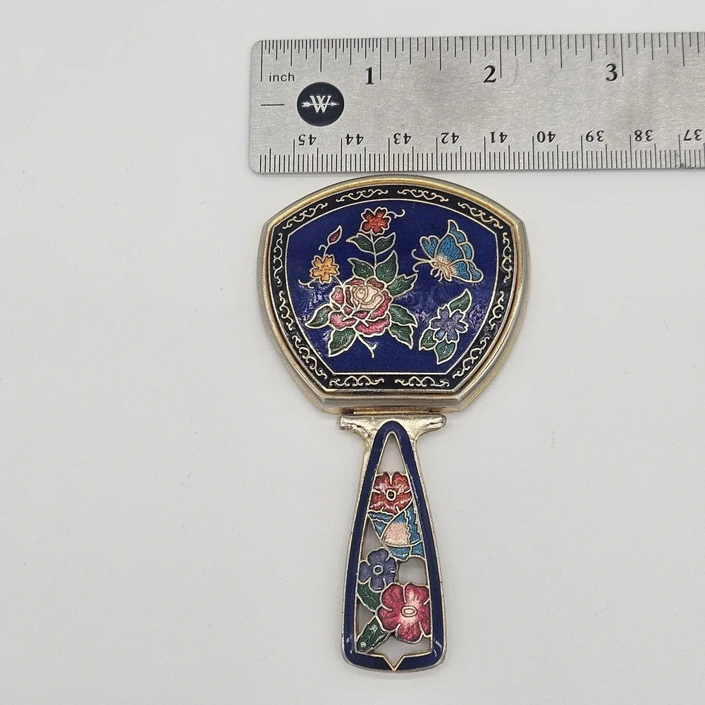 Vintage Cloisonne Compact Folding Hand Mirror Multi Color & Gold Floral Small